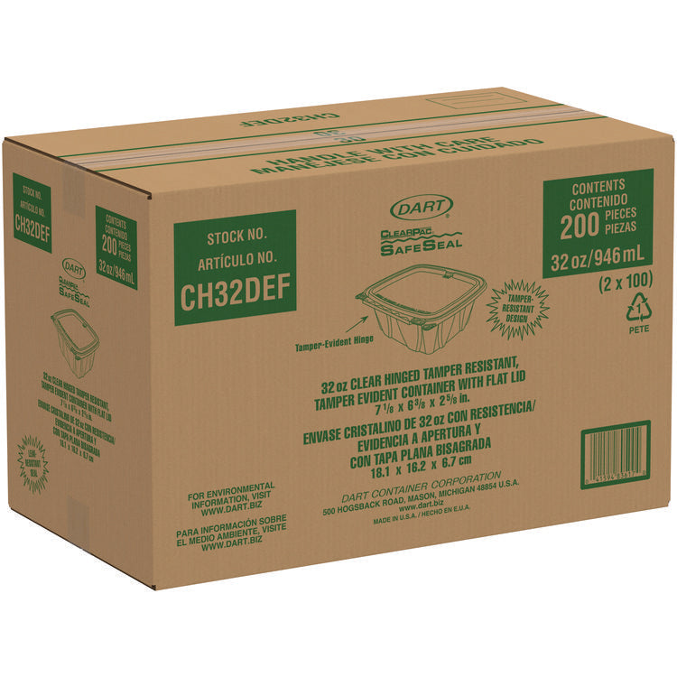 ClearPac SafeSeal rPET Tamper-Resistant/Evident Containers, Embossed Bottom, 32 oz, 6.37 x 7.15 x 2.58, Clear, 200/Carton