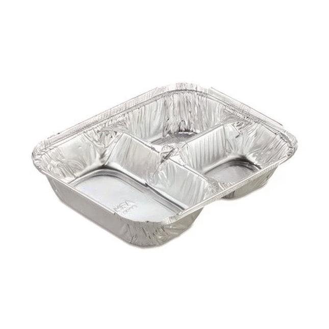 Aluminum Oblong Container with Lid, 3 Compartments, 24 oz, 8.5 x 6.38 x 1.47, Silver, 500/Carton