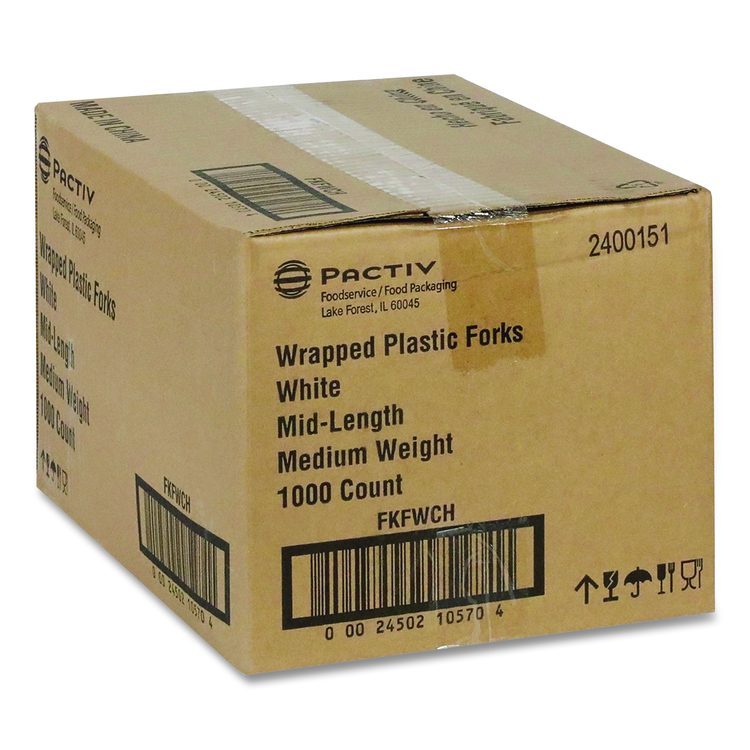 Fieldware Cutlery, Individually Wrapped, Mediumweight Fork, Plastic, White, 1,000/Carton