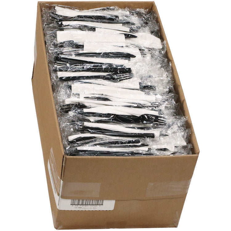 Gardenware Cutlery Kit, Individually Wrapped, Heavyweight, Fork/Knife/Napkin, Plastic, Black, 500/Carton