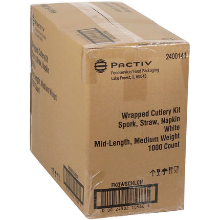 Fieldware Cutlery Kit, Mediumweight, Napkin/Spork/Straw, Plastic, White, 1,000/Carton