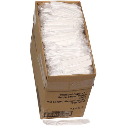 Fieldware Cutlery Kit, Mediumweight, Napkin/Spork/Straw, Plastic, White, 1,000/Carton