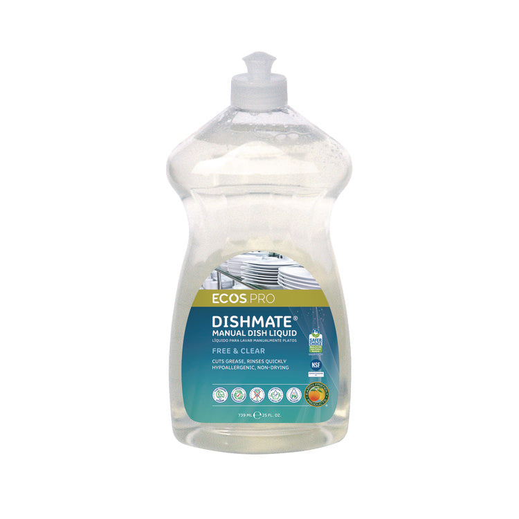 Dishmate Manual Dish Liquid, Free and Clear, 25 oz Squeeze Bottle, 6/Carton