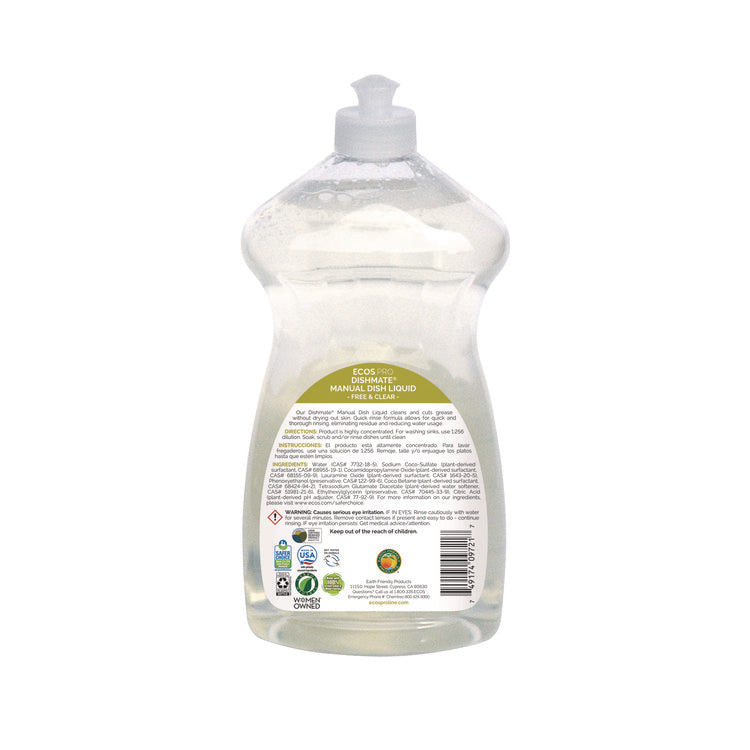 Dishmate Manual Dish Liquid, Free and Clear, 25 oz Squeeze Bottle, 6/Carton