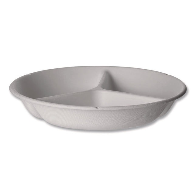 Vanguard Renewable and Compostable Sugarcane Containers, 3-Compartment Bowl, 28 oz, White, 400/Carton