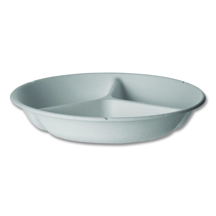 Vanguard Renewable and Compostable Sugarcane Containers, 3-Compartment Bowl, 28 oz, White, 400/Carton