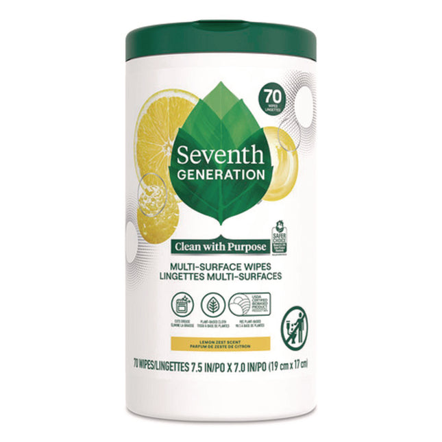 Multi-Surface Wipes, 7 x 7, Lemon Zest, White, 70 Wipes/Canister, 6/Carton