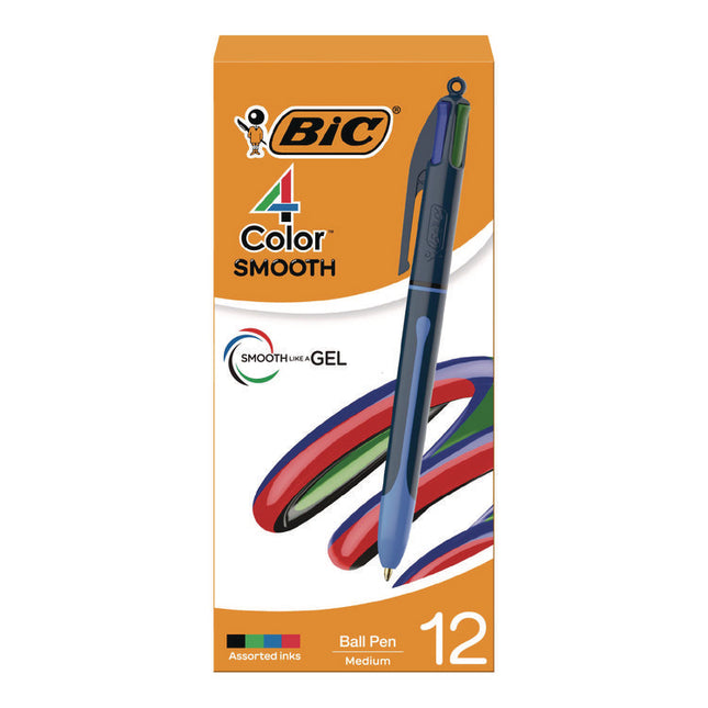 4-Color Smooth Multi-Color Ballpoint Pen, Retractable, Medium 1 mm, Black/Blue/Green/Red Ink, Black/Blue Barrel, 12/Pack