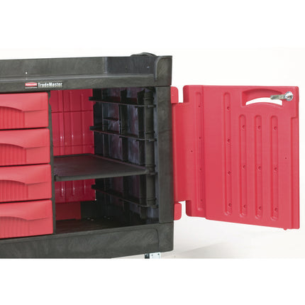 TradeMaster Cart with One Door, Plastic, 3 Shelves, 4 Drawers, 750 lb Capacity, 26.25" x 49" x 38", Black