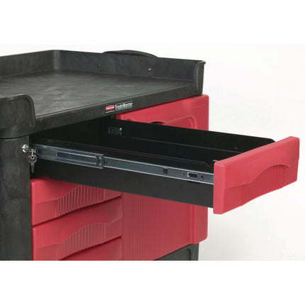 TradeMaster Cart with One Door, Plastic, 3 Shelves, 4 Drawers, 750 lb Capacity, 26.25" x 49" x 38", Black