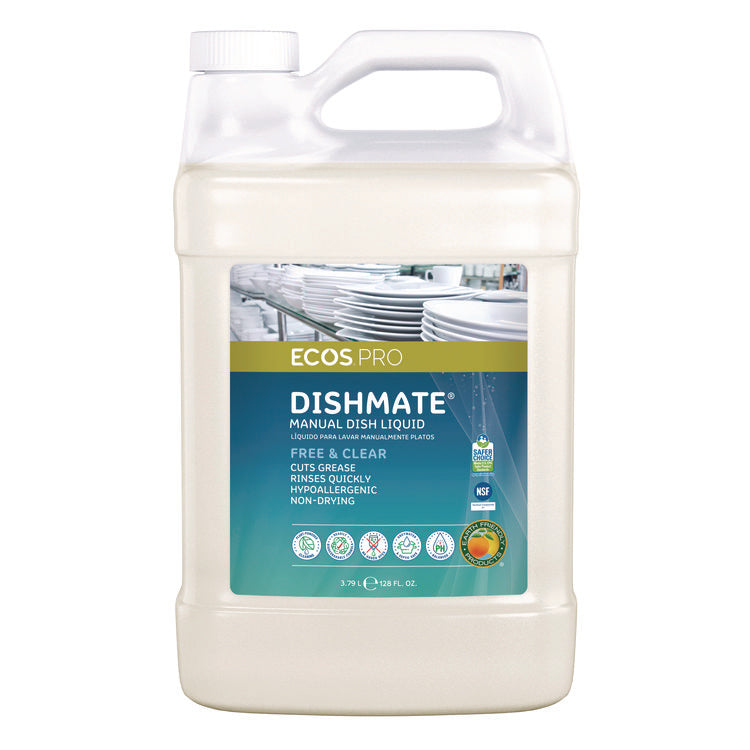 Dishmate Manual Dish Liquid, Free and Clear, 1 gal Jug, 4/Carton