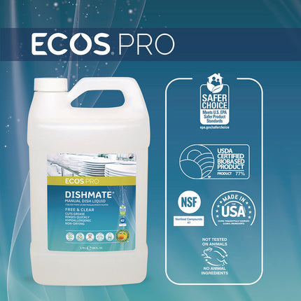 Dishmate Manual Dish Liquid, Free and Clear, 1 gal Jug, 4/Carton