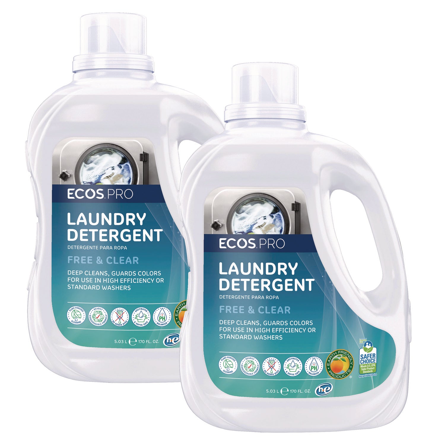 Laundry Detergent Liquid, Free and Clear, 170 oz Jug, 2/Carton
