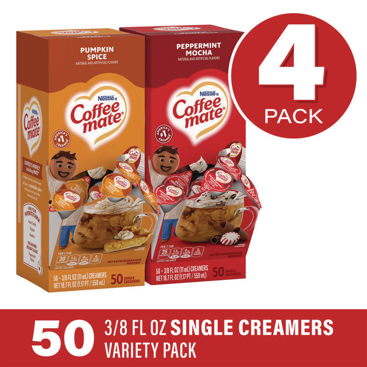 Liquid Coffee Creamer, Peppermint Mocha/Pumpkin Spice, 0.38 oz Mini Cups, 50/Pack, 4 Packs/Carton