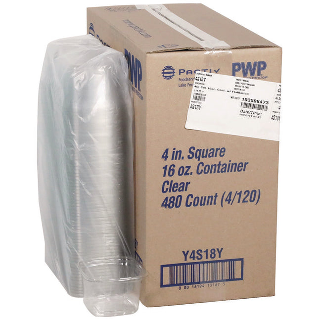 PET Square Container, 16 oz, 4 x 4 x 3, Clear, Plastic, 480/Carton