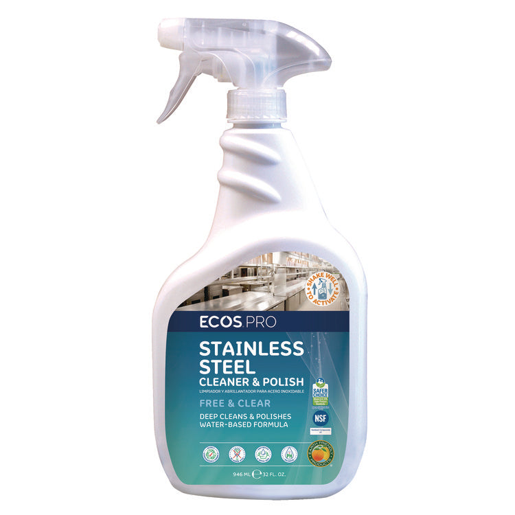 Stainless Steel Cleaner and Polish, Free and Clear Scent, 32 oz Spray Bottle, 6/Carton