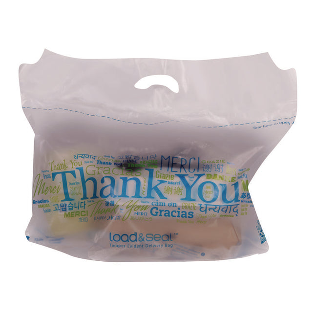Load and Seal Delivery Bag, Thank You Labeling, Cut-Out Handles, 21" x 9" x 17", Translucent/Multicolor, 500/Carton