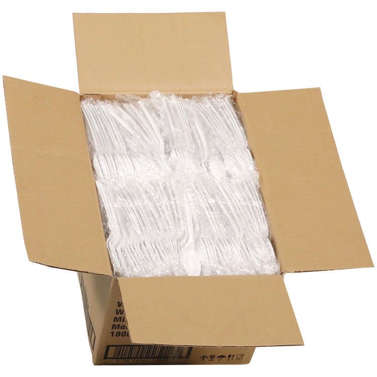 Fieldware Cutlery, Individually Wrapped, Mediumweight Spoon, Plastic, White, 1,000/Carton