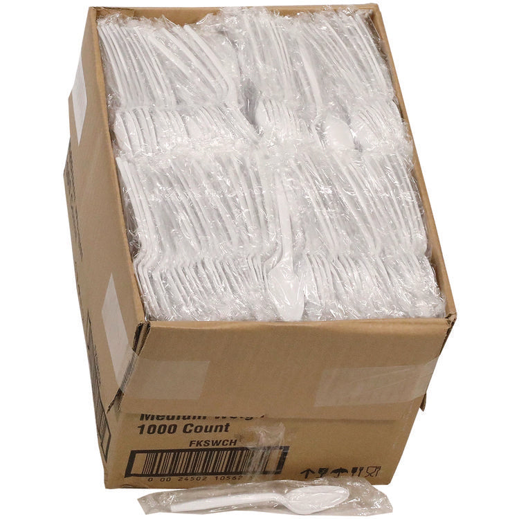 Fieldware Cutlery, Individually Wrapped, Mediumweight Spoon, Plastic, White, 1,000/Carton