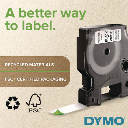 D1 Standard Labels, 0.38" x 23 ft, Black Print on White Tape
