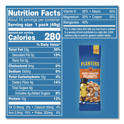 Honey Roasted Peanuts, 1.75 oz Tubes, 18 Tubes/Box, 2 Boxes/Carton