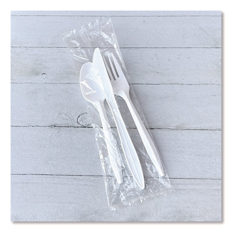 Three-Piece Polystyrene Cutlery Kit, Mediumweight, Fork/Knife/Spoon, Plastic, White, 250/Carton
