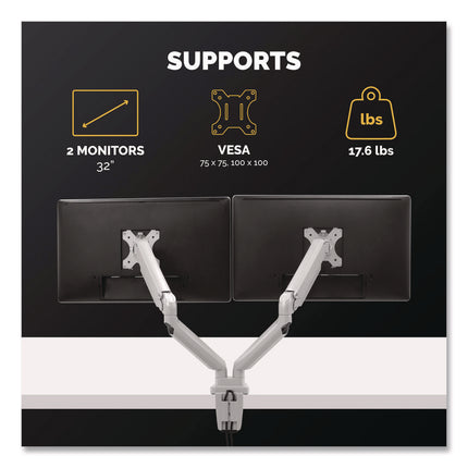 Platinum Series Dual Monitor Arm, For 27" Monitors, 360 Deg Rotation, 45 Deg Tilt, 180 Deg Pan, Silver, Supports 20 Lb