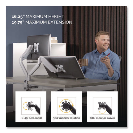 Platinum Series Dual Monitor Arm, For 27" Monitors, 360 Deg Rotation, 45 Deg Tilt, 180 Deg Pan, Silver, Supports 20 Lb