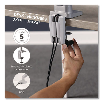 Platinum Series Dual Monitor Arm, For 27" Monitors, 360 Deg Rotation, 45 Deg Tilt, 180 Deg Pan, Silver, Supports 20 Lb