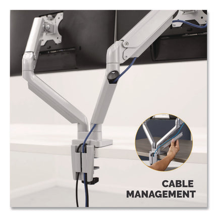Platinum Series Dual Monitor Arm, For 27" Monitors, 360 Deg Rotation, 45 Deg Tilt, 180 Deg Pan, Silver, Supports 20 Lb