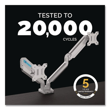 Platinum Series Dual Monitor Arm, For 27" Monitors, 360 Deg Rotation, 45 Deg Tilt, 180 Deg Pan, Silver, Supports 20 Lb