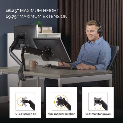 Platinum Series Dual Monitor Arm For 27" Monitors, 360 Deg Rotation, +85 Deg/-20 Deg Tilt, 360 Deg Pan, Black, Supports 20 Lb