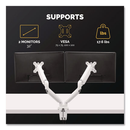 Platinum Series Dual Monitor Arm, For 27" Monitors, 360 Deg Rotation, 45 Deg Tilt, 180 Deg Pan, White, Supports 20 Lb