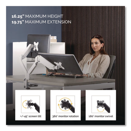 Platinum Series Dual Monitor Arm, For 27" Monitors, 360 Deg Rotation, 45 Deg Tilt, 180 Deg Pan, White, Supports 20 Lb
