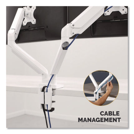 Platinum Series Dual Monitor Arm, For 27" Monitors, 360 Deg Rotation, 45 Deg Tilt, 180 Deg Pan, White, Supports 20 Lb