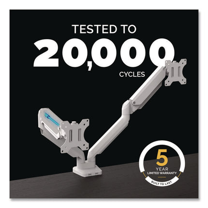 Platinum Series Dual Monitor Arm, For 27" Monitors, 360 Deg Rotation, 45 Deg Tilt, 180 Deg Pan, White, Supports 20 Lb