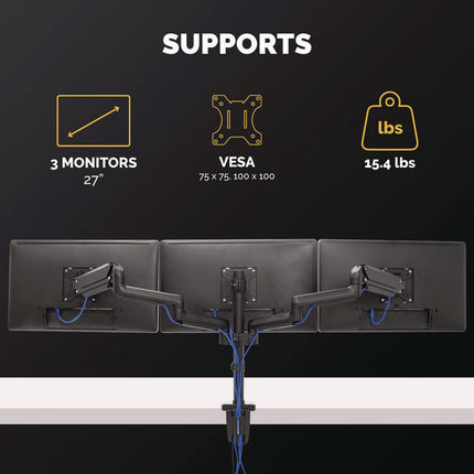Platinum Series Triple Monitor Arm For 27" Monitors, 360 Deg Rotation, +85/-20 Deg Tilt, 360 Deg Pan, Black, Supports 20 Lb
