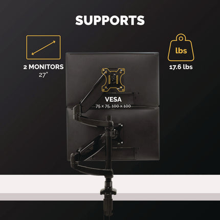 Platinum Series Dual Stacking Arm For 27" Monitors, 360 Deg Rotation, 180 Deg Tilt, 360 Deg Pan, Black, Supports 22 Lb