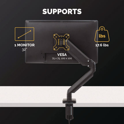 Platinum Series Single Monitor Arm, For 30" Monitors, 360 Deg Rotation, 180 Deg Tilt, 360 Deg Pan, Black, Supports 20 Lb