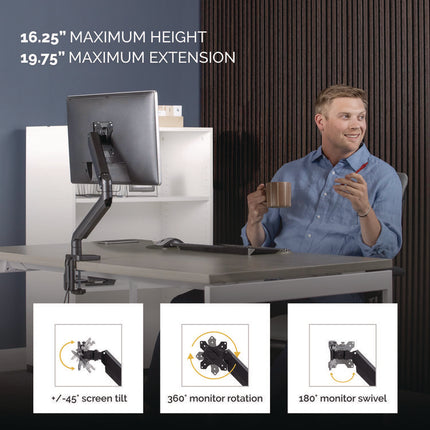 Platinum Series Single Monitor Arm, For 30" Monitors, 360 Deg Rotation, 180 Deg Tilt, 360 Deg Pan, Black, Supports 20 Lb