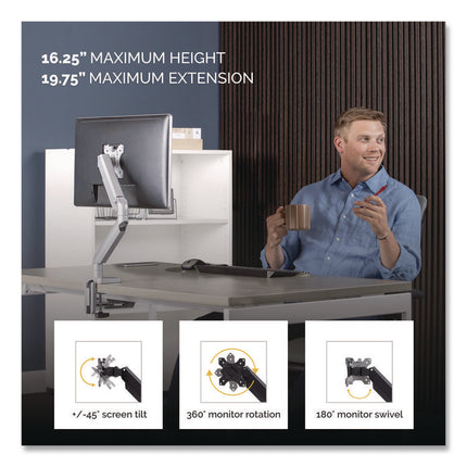 Platinum Series Single Monitor Arm, For 27" Monitors, 360 Deg Rotation, 45 Deg Tilt, 180 Deg Pan, Silver, Supports 20 Lb