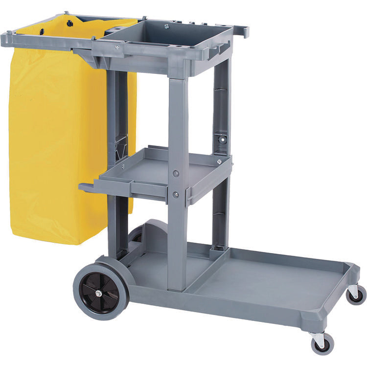 Janitor's Cart, Plastic, 4 Shelves, 1 Bin, 19" x 45" x 39", Gray