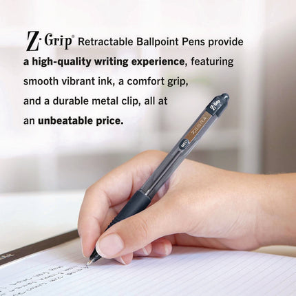 Z-Grip Ballpoint Pen, Retractable, Medium 1 mm, Black Ink, Clear/Black Barrel, 24/Pack