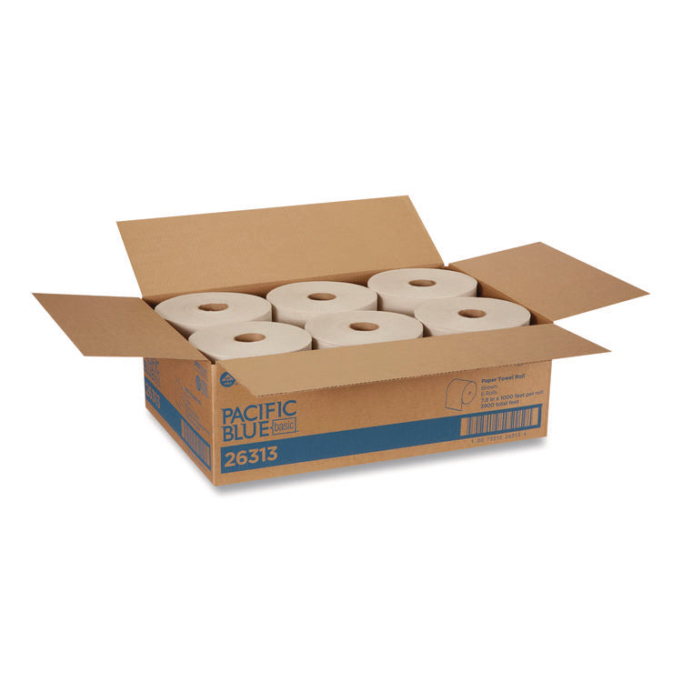 Pacific Blue Basic Recycled Paper Towel Roll, 1-Ply, 7.87 " x 1,000 ft, Brown, 6/Carton