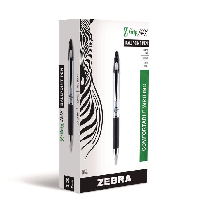 Z-Grip MAX Ballpoint Pen, Retractable, Medium 1 mm, Black Ink, Silver/Black Barrel, 12/Pack