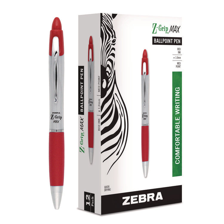 Z-Grip MAX Ballpoint Pen, Retractable, Medium 1 mm, Red Ink, Silver/Red Barrel, 12/Pack