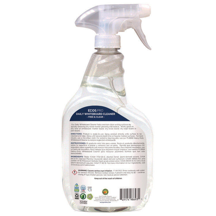 Daily Whiteboard Cleaner, Free and Clear, 32 oz Spray Bottle, 6/Carton