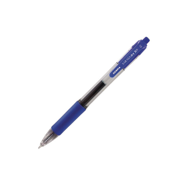 Sarasa Dry Gel X20 Gel Pen, Retractable, Bold 1 mm, Blue Ink, Clear/Blue Barrel, 12/Pack