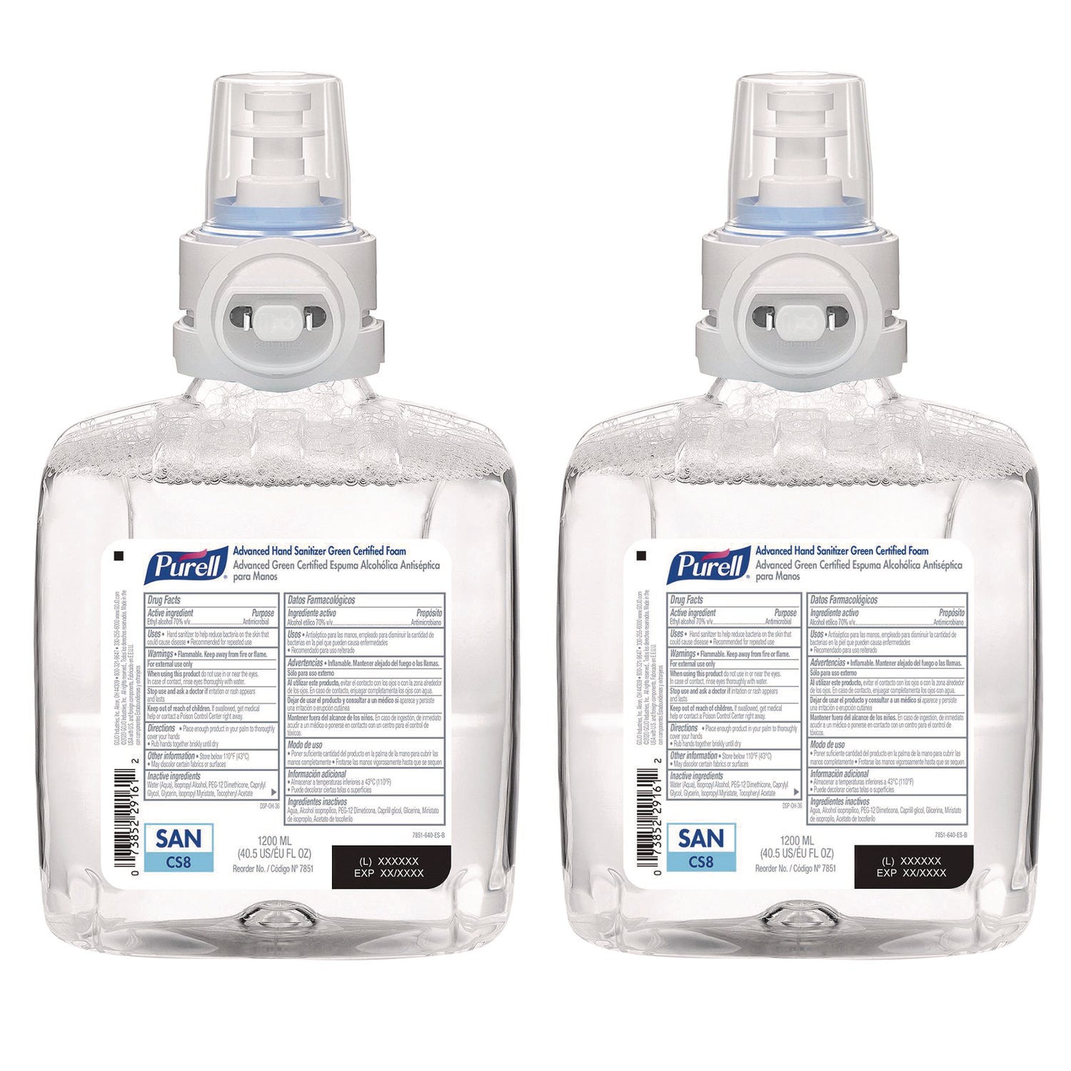 Advanced Hand Sanitizer Green Certified Foam Refill, For CS8 Dispensers, 1,200 mL, Fragrance-Free, 2/Carton