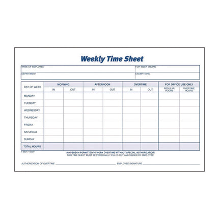 Weekly Time Sheets, One Part (No Copies), 8.5 x 5.5, 100 Forms/Pad, 2 Pads/Pack